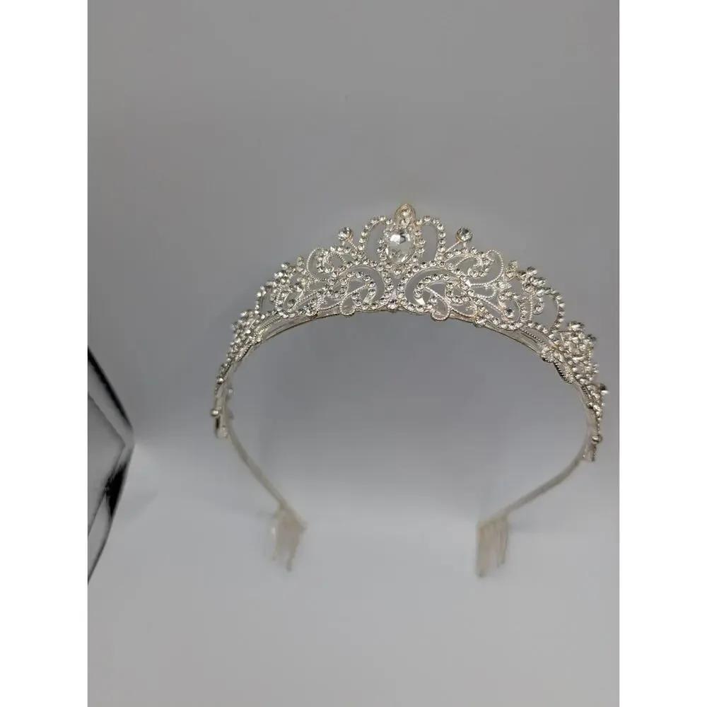 Elegant Silver Tone Rhinestone Tiara Headband Crown with Combs Wedding Prom